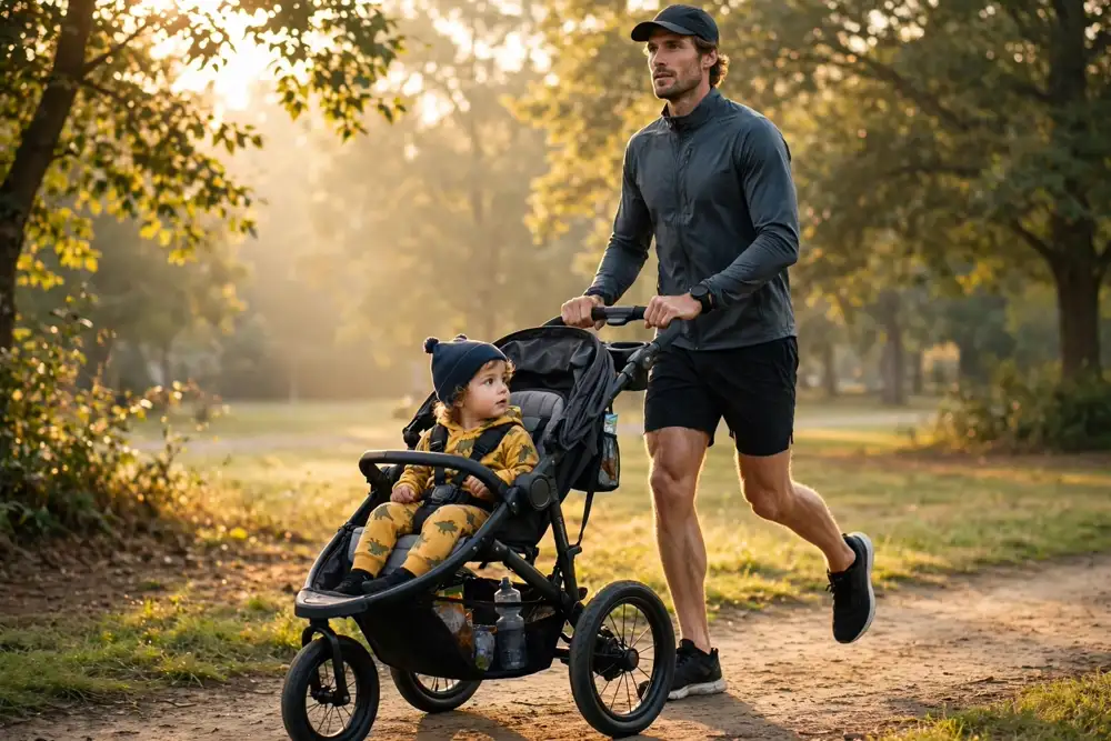 AI illustration: a tall dad jogging upright with a three-wheel jogging stroller at sunrise